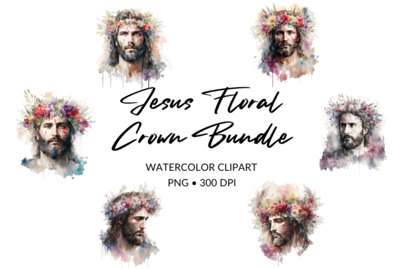 Jesus Floral Crown Watercolor Bundle and Illustrations